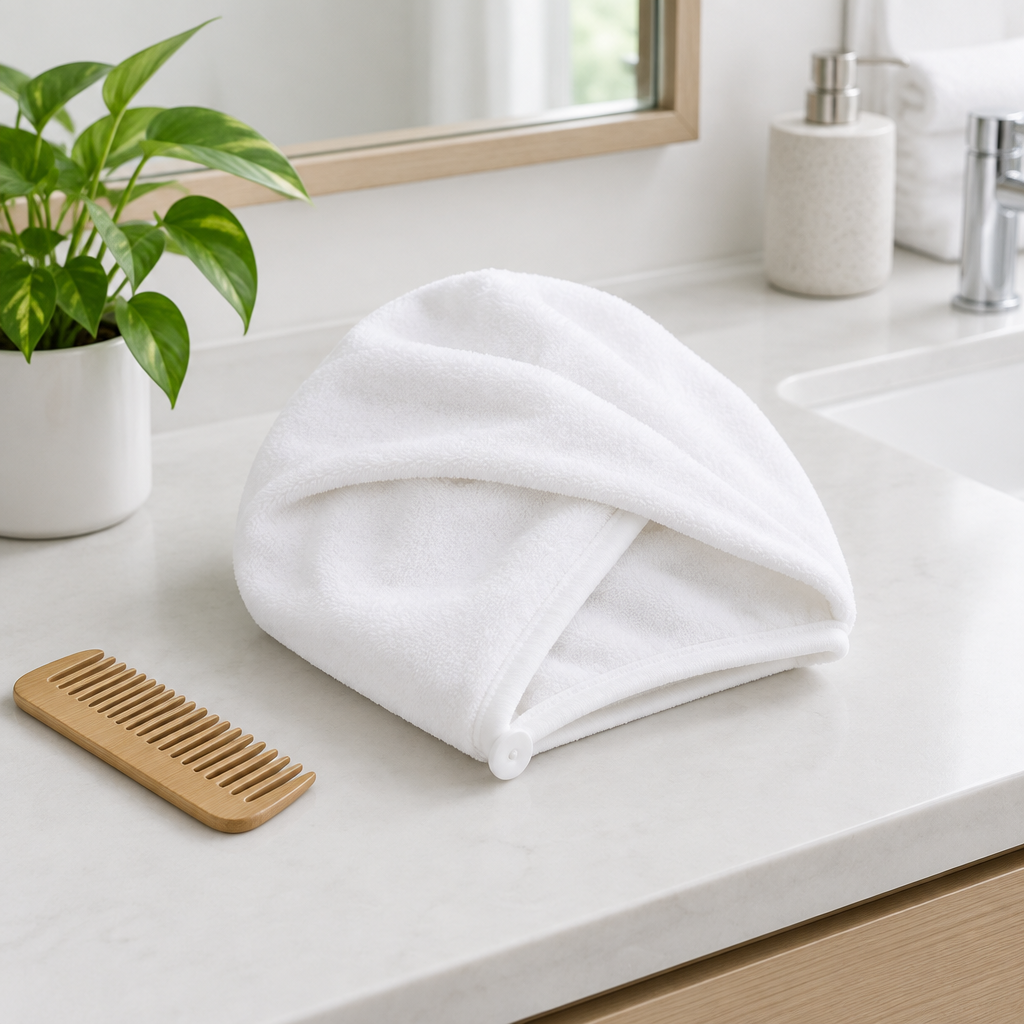Folded hair towel on a bathroom counter