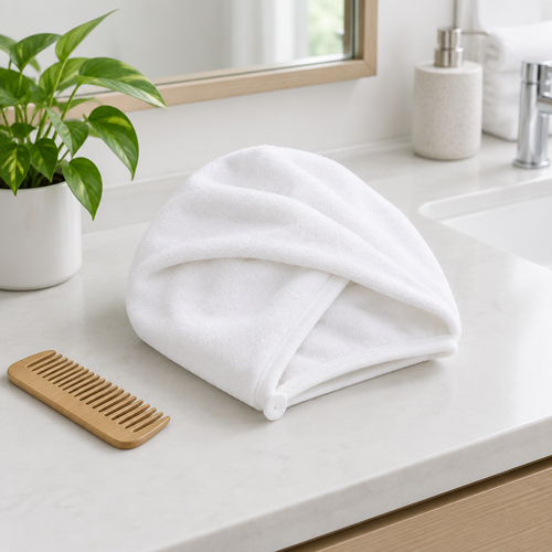 Folded hair towel on a bathroom counter