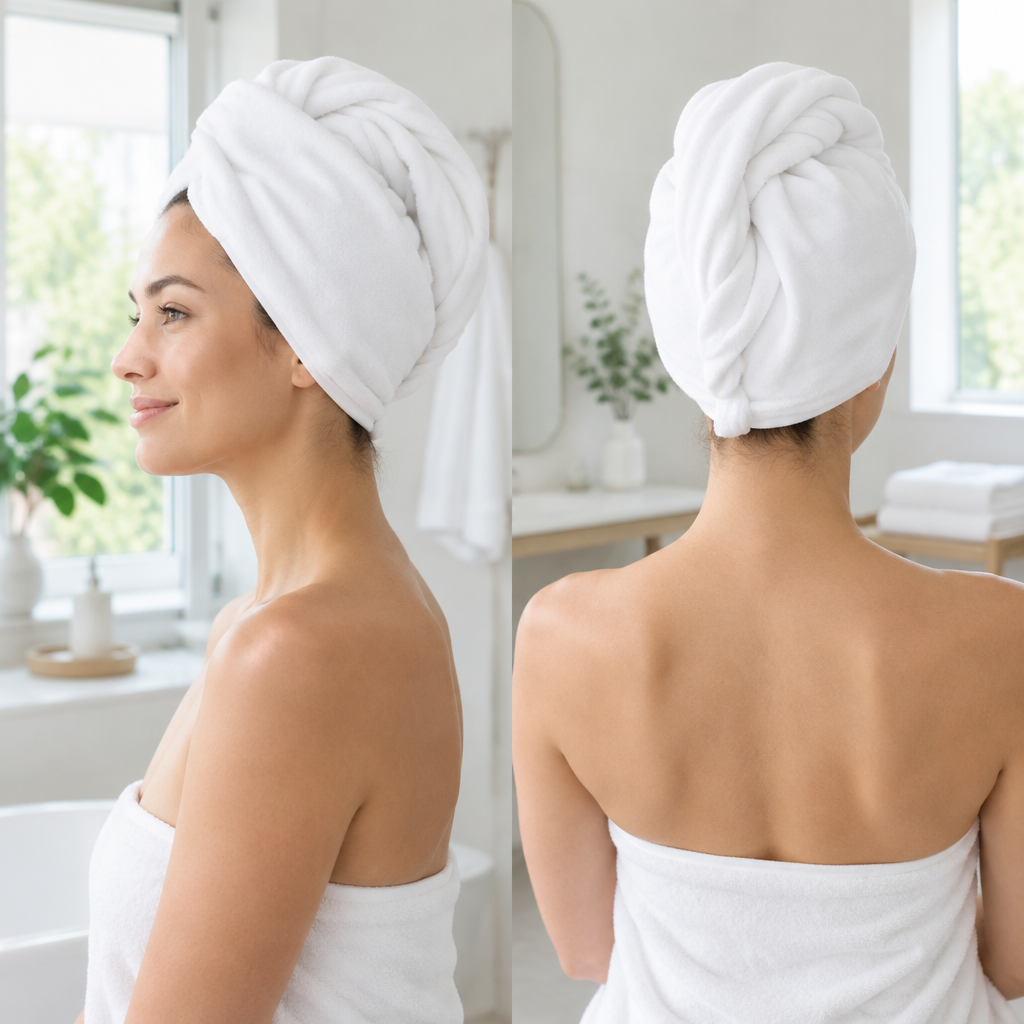 Side and back view of a woman wearing a hair towel
