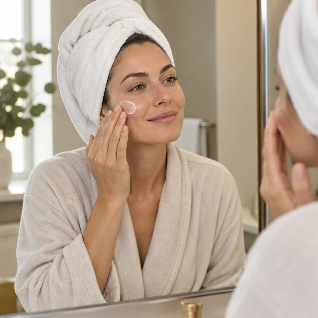 Woman wearing a hair towel during her skincare routine